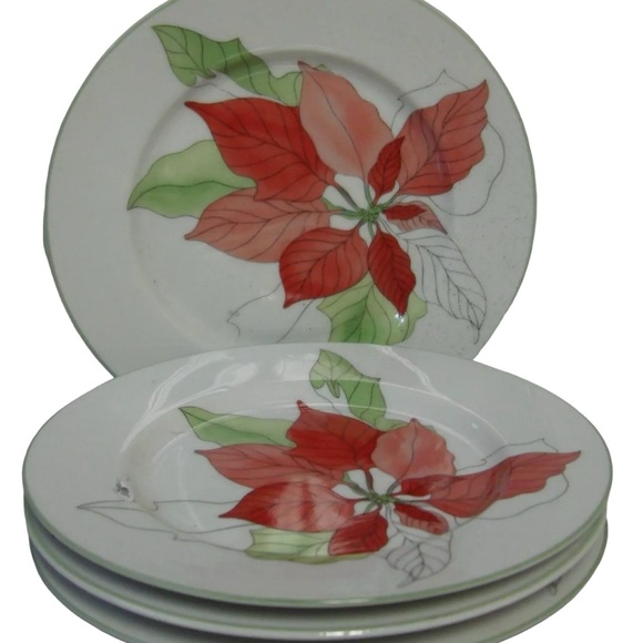 Vintage Block Set of 4 Poinsettia Bread / Dessert Plates 6.25" Holiday Christmas - Picture 2 of 3